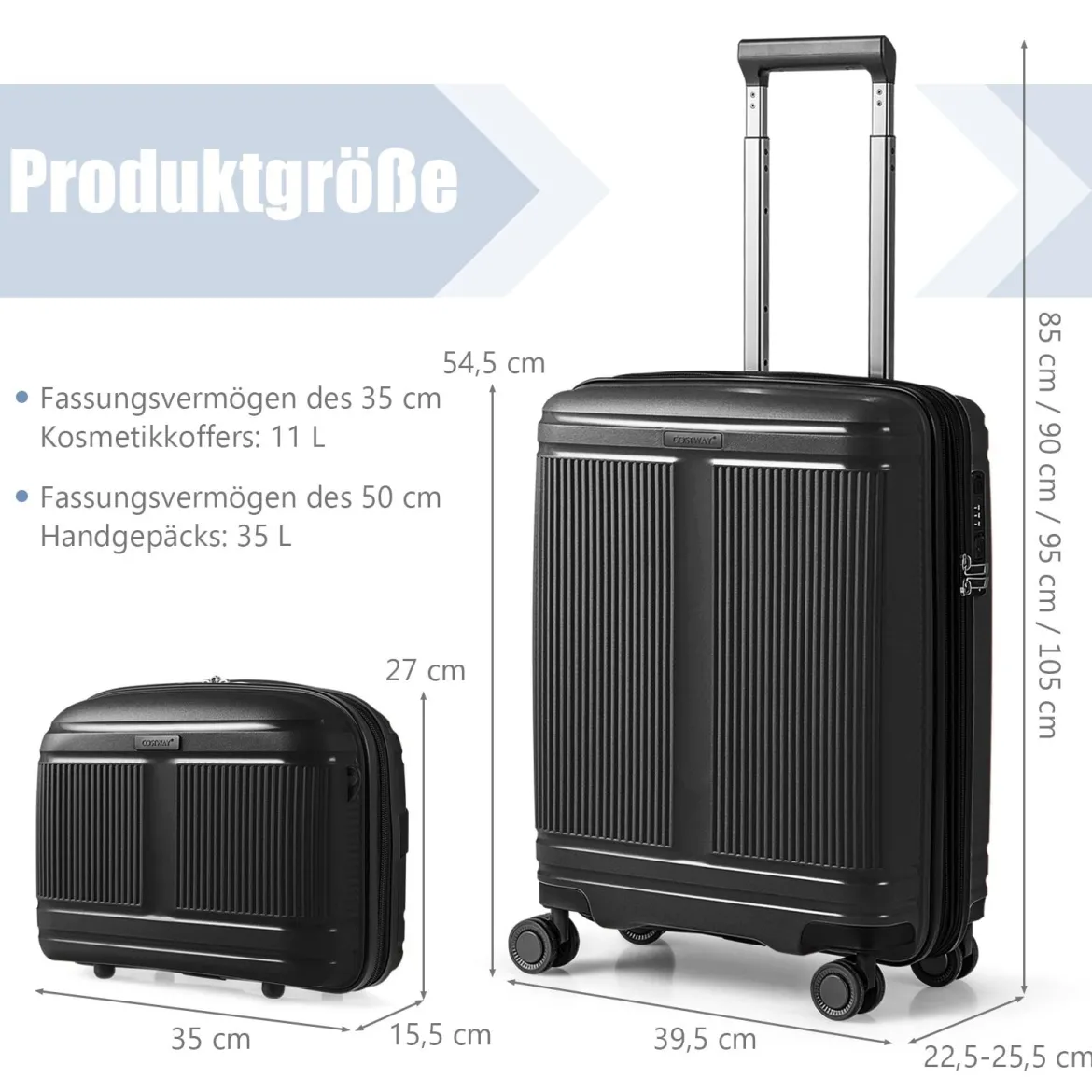 2 tlg. Gepäckset inkl 20" Handgepäckkoffer & 14" Kosmetikkoffer PP Hartschalengepäck Schwarz