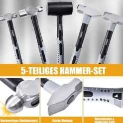 5 tlg Hammer Set mit Kugelhammer & Gummihammer & Stoßdämpfungsgriff