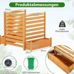 3 tlg. Holzpaneel mit Pflanzkasten & Ablauflöchern & Rankgitter Dekorativer Gartenzaun 91 x 114 cm