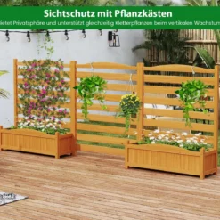 3 tlg. Holzpaneel mit Pflanzkasten & Ablauflöchern & Rankgitter Dekorativer Gartenzaun 91 x 114 cm