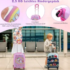 5tlg. Kindergepäckset 16-Zoll-Rollkoffer mit Rucksack & Nackenkissen & Gepäckanhänger & Lunchbox