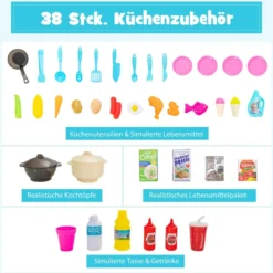 38 TLG. Kinderküche mit Lichter Kinderspielküche mit Wasserpumpe Blau