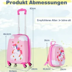 2tlg Kinderkoffer + Rucksack aus Kunststoff Kindertrolley Kindergepäck 12"+16" Rosa Unicorn