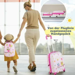 2tlg Kinderkoffer + Rucksack aus Kunststoff Kindertrolley 12"+16" Rosa Vögelchen