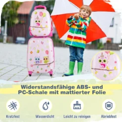 2tlg Kinderkoffer + Rucksack aus Kunststoff Kindertrolley 12"+16" Rosa Vögelchen