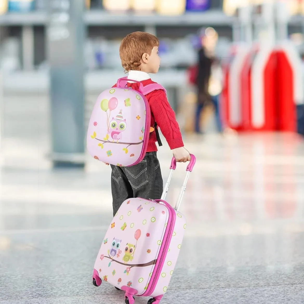 2tlg Kinderkoffer + Rucksack aus Kunststoff Kindertrolley 12"+16" Rosa Vögelchen