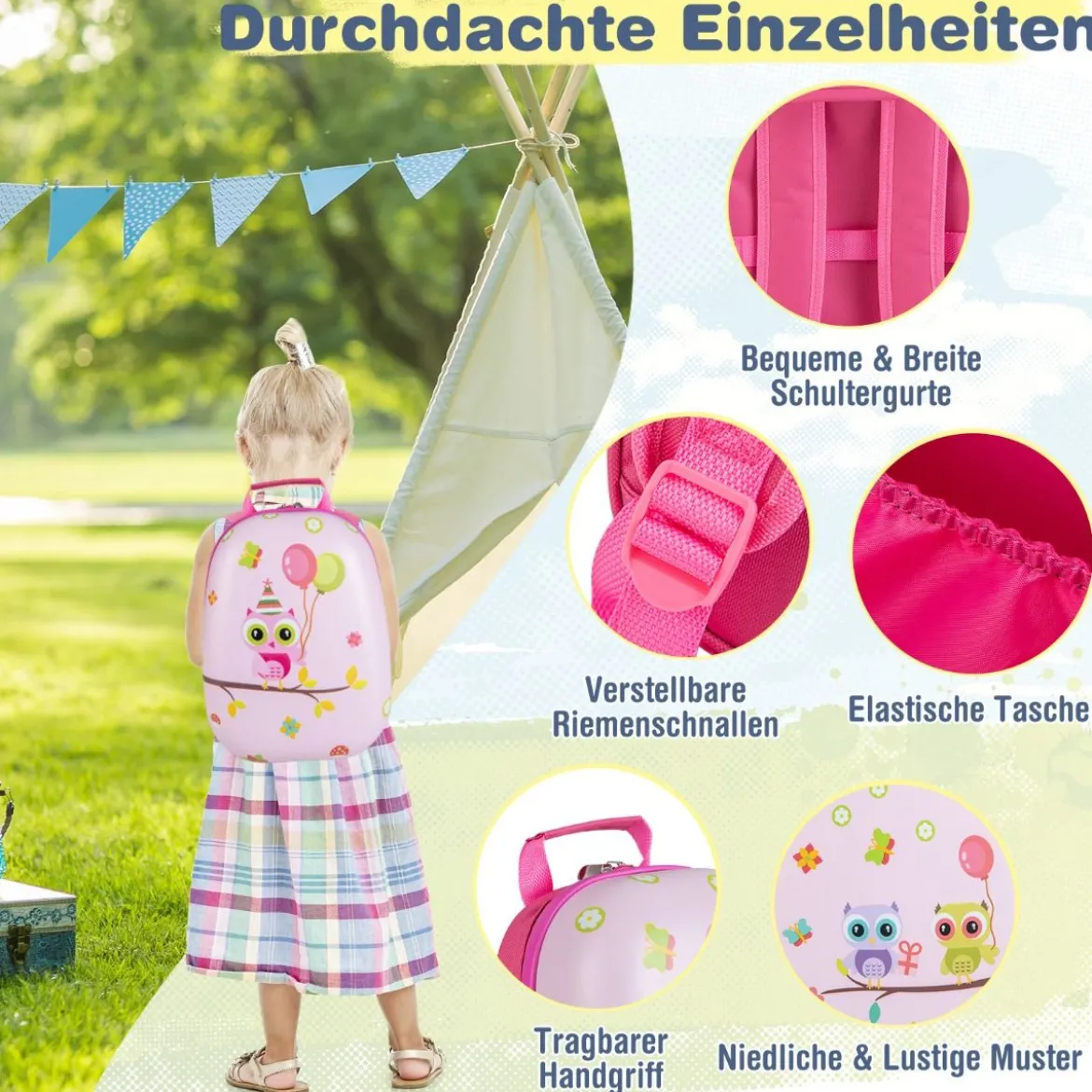 2tlg Kinderkoffer + Rucksack aus Kunststoff Kindertrolley 12"+16" Rosa Vögelchen