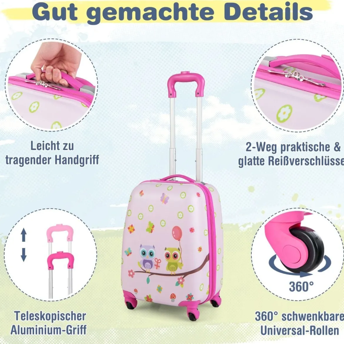 2tlg Kinderkoffer + Rucksack aus Kunststoff Kindertrolley 12"+16" Rosa Vögelchen
