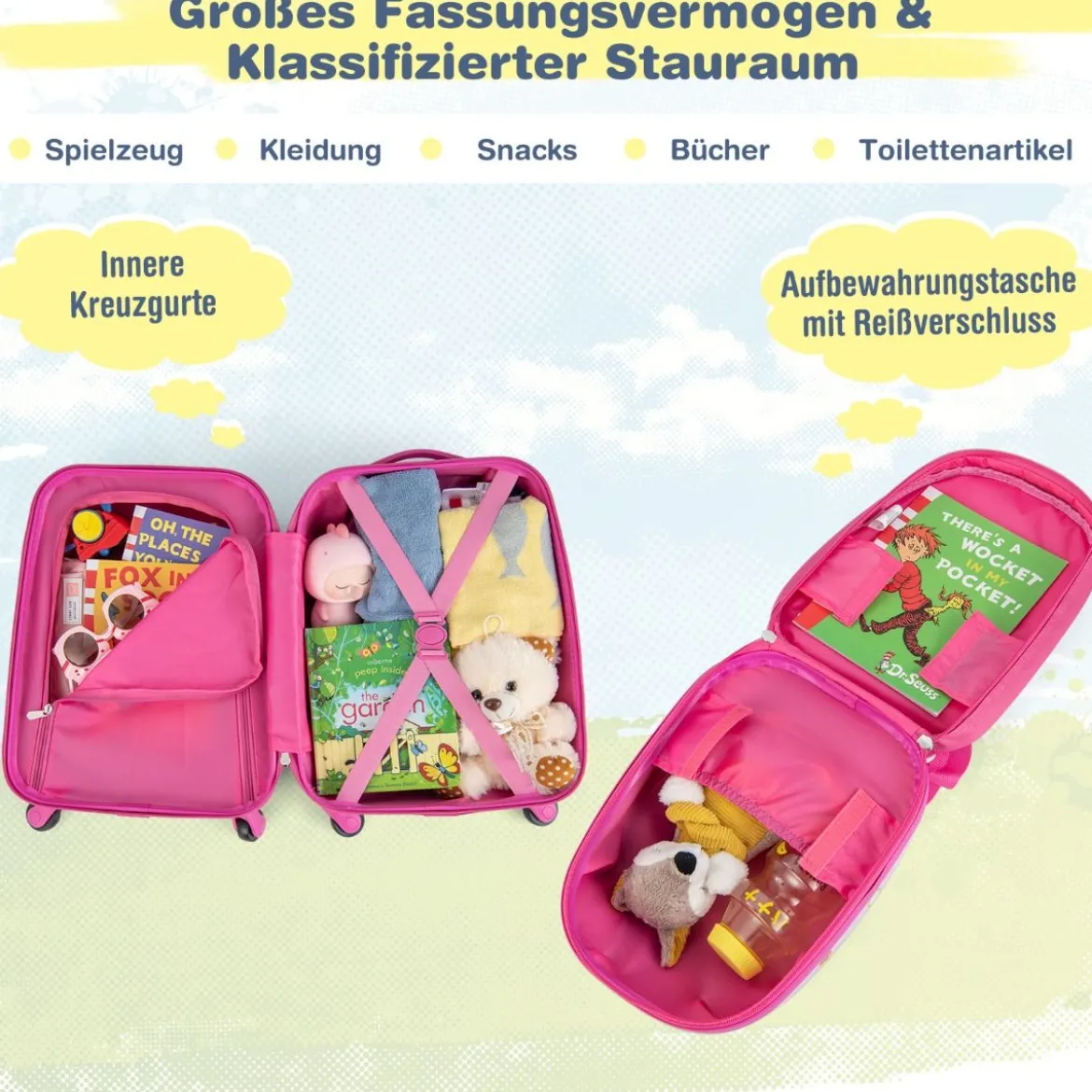 2tlg Kinderkoffer + Rucksack aus Kunststoff Kindertrolley 12"+16" Rosa Vögelchen