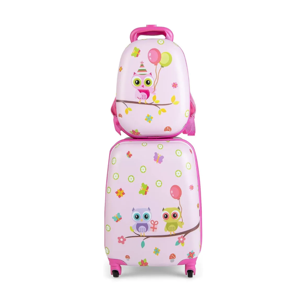 2tlg Kinderkoffer + Rucksack aus Kunststoff Kindertrolley 12"+16" Rosa Vögelchen