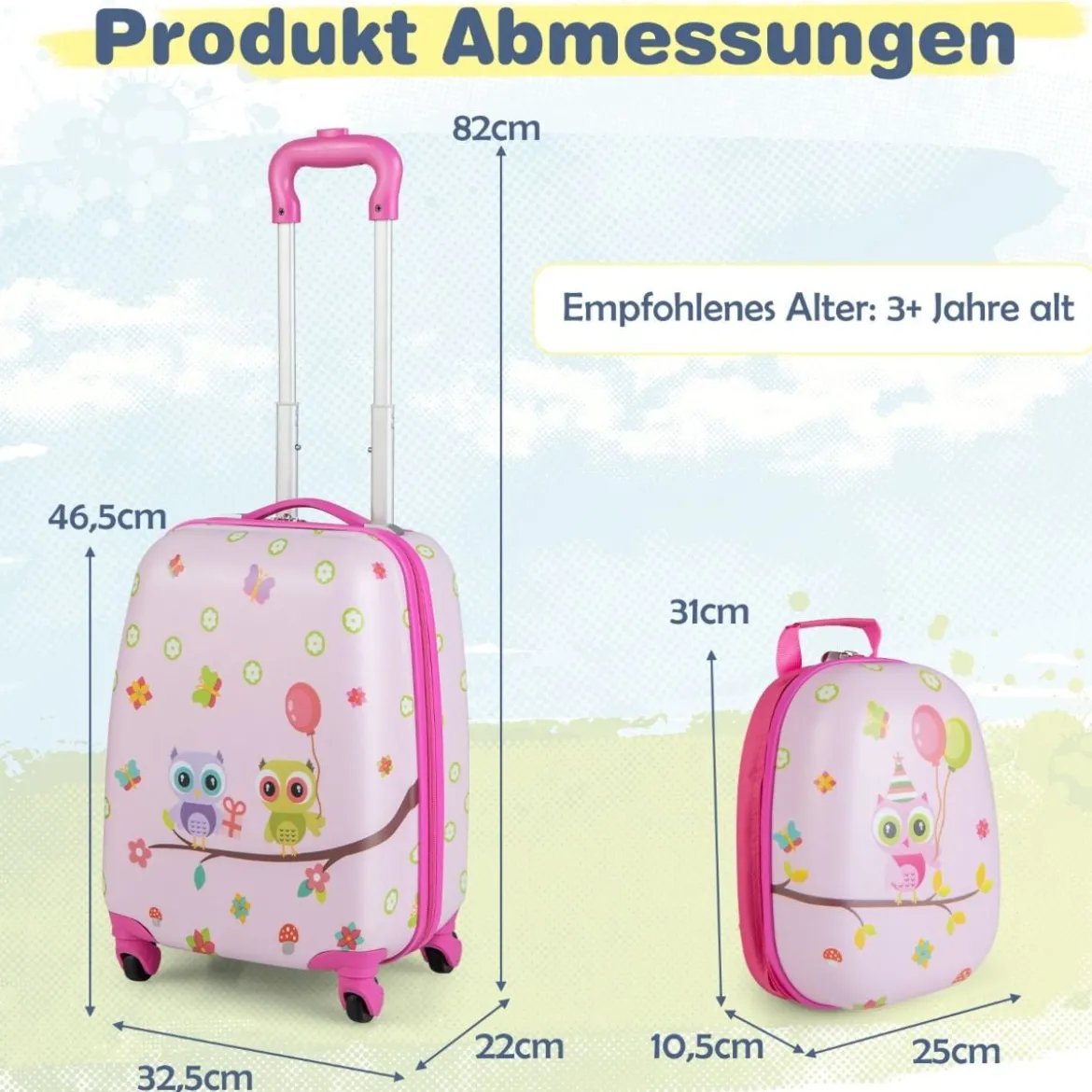 2tlg Kinderkoffer + Rucksack aus Kunststoff Kindertrolley 12"+16" Rosa Vögelchen