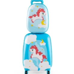2tlg Kinderkoffer + Rucksack aus Kunststoff Kindertrolley Kindergepäck 12"+16" Blau Pferd
