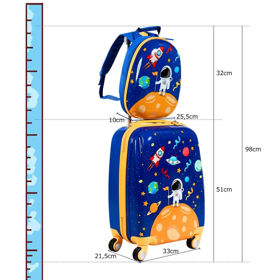 2tlg. Kinderkoffer + Rucksack aus Kunststoff Kindertrolley Kindergepäck Astronauten