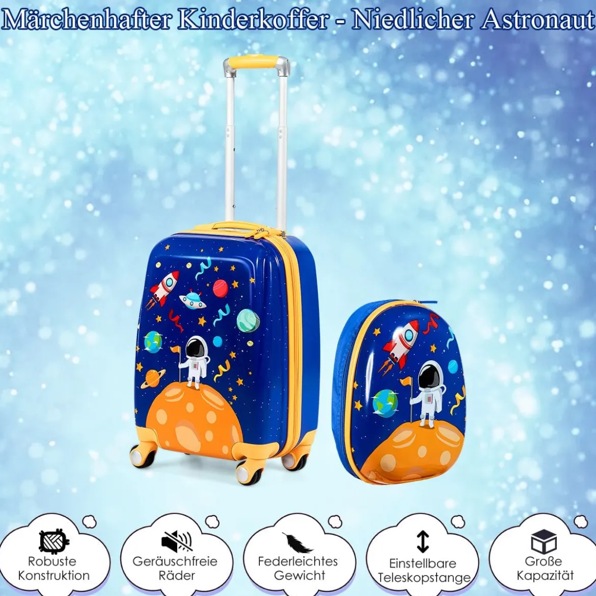 2tlg. Kinderkoffer + Rucksack aus Kunststoff Kindertrolley Kindergepäck Astronauten