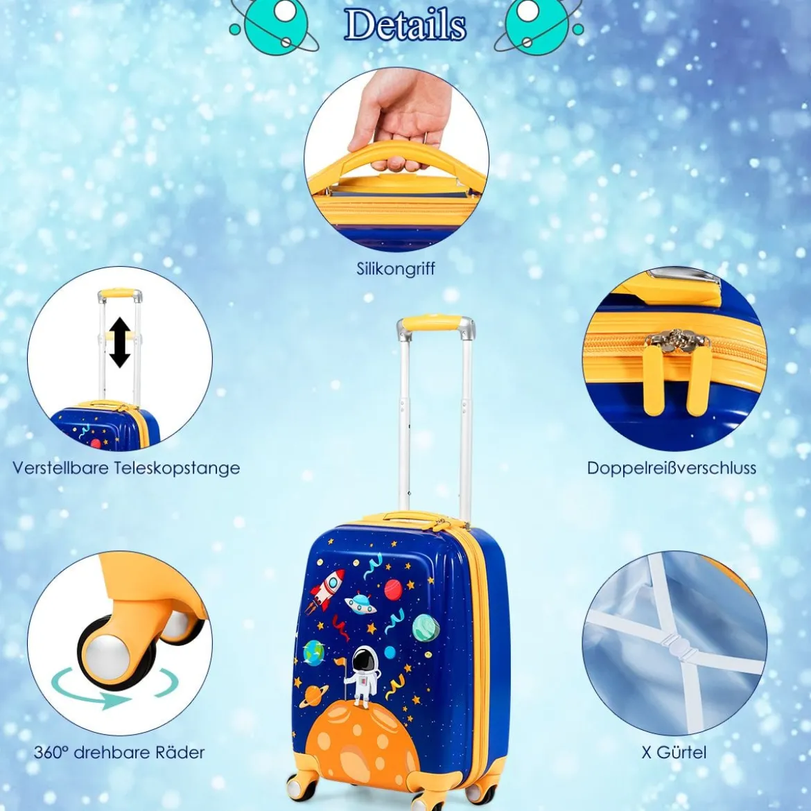 2tlg. Kinderkoffer + Rucksack aus Kunststoff Kindertrolley Kindergepäck Astronauten