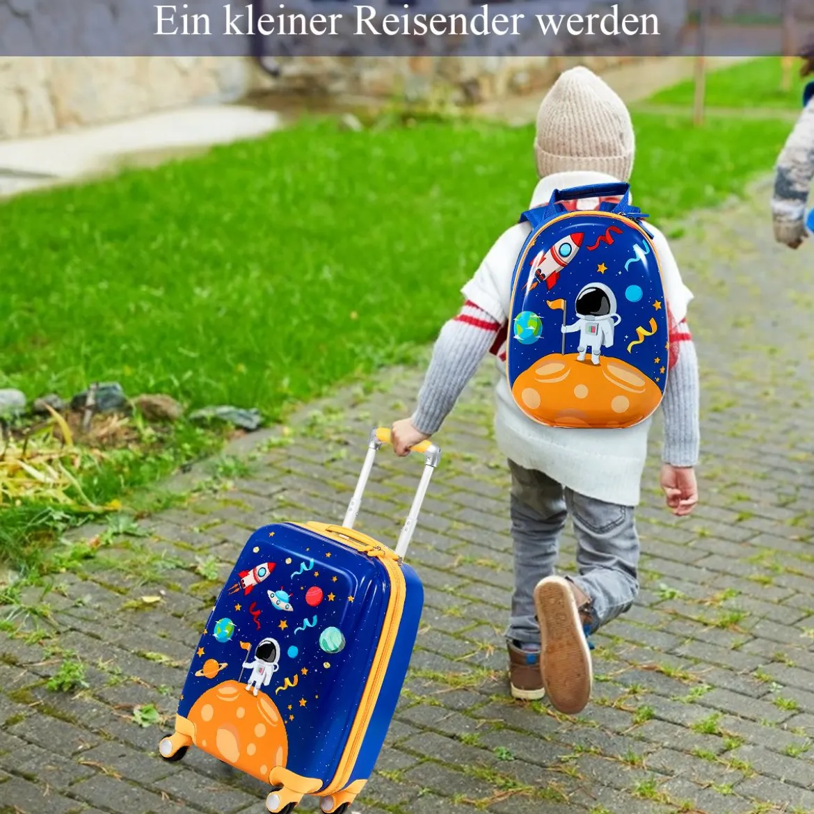 2tlg. Kinderkoffer + Rucksack aus Kunststoff Kindertrolley Kindergepäck Astronauten