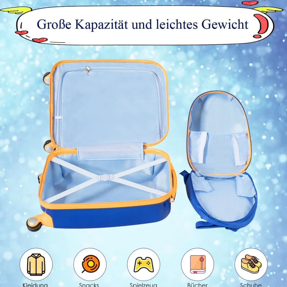 2tlg. Kinderkoffer + Rucksack aus Kunststoff Kindertrolley Kindergepäck Astronauten