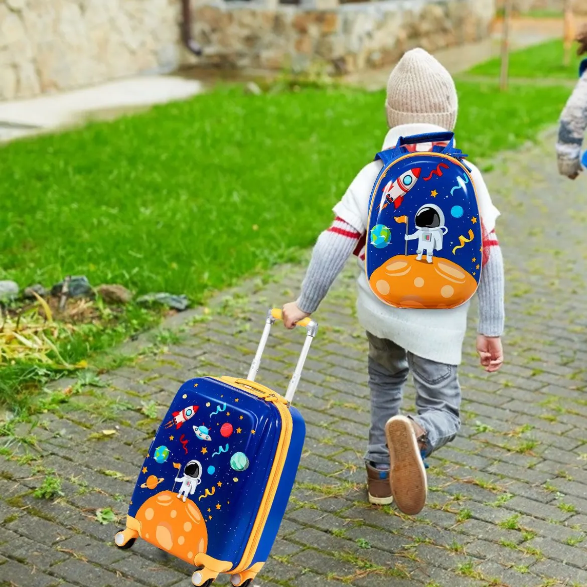 2tlg. Kinderkoffer + Rucksack aus Kunststoff Kindertrolley Kindergepäck Astronauten