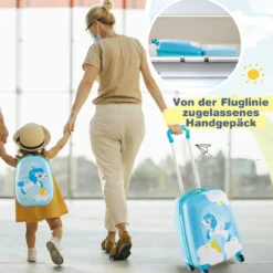 2tlg Kinderkoffer + Rucksack aus Kunststoff Kindertrolley Kindergepäck 12"+16" Blau Einhorn