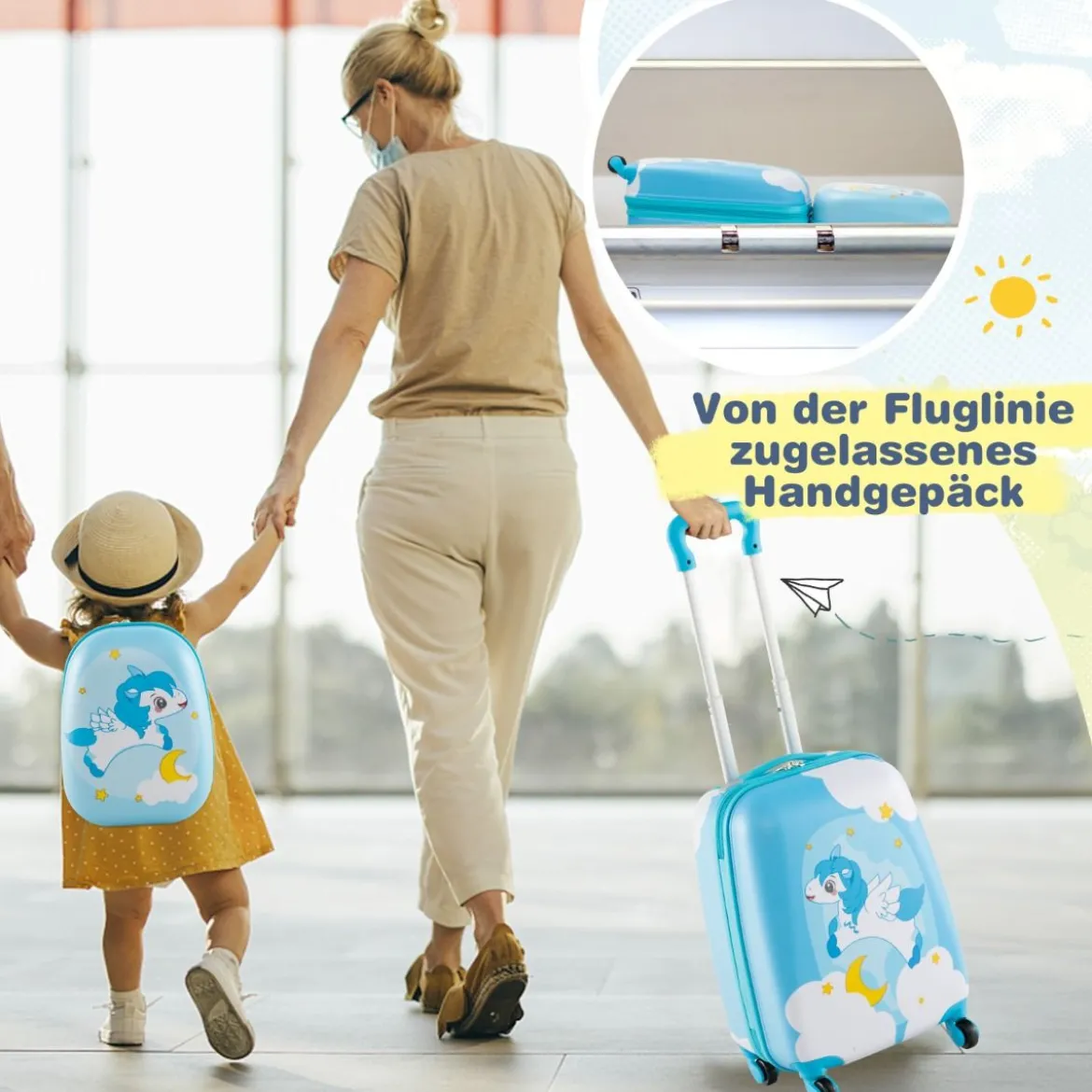 2tlg Kinderkoffer + Rucksack aus Kunststoff Kindertrolley Kindergepäck 12"+16" Blau Einhorn