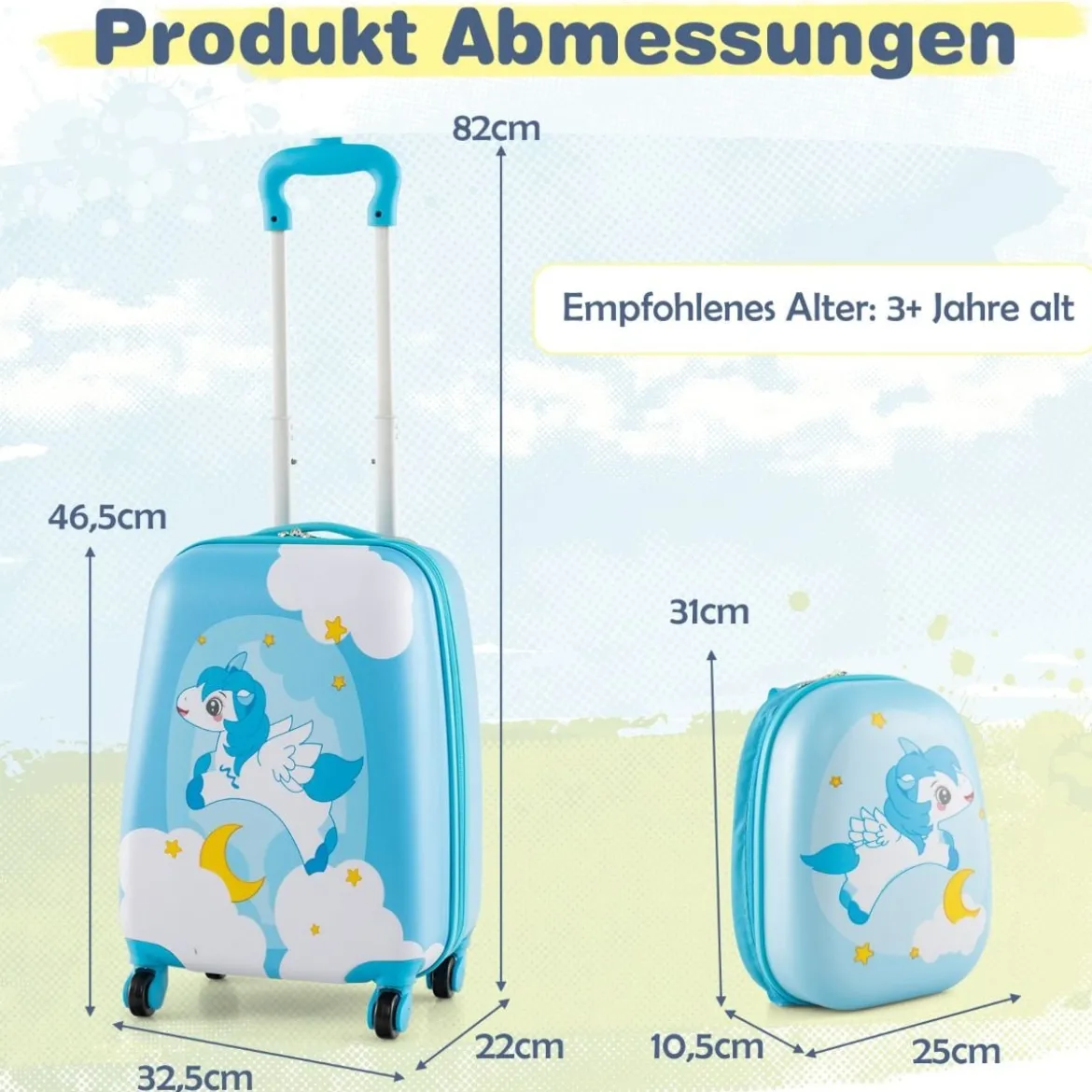 2tlg Kinderkoffer + Rucksack aus Kunststoff Kindertrolley Kindergepäck 12"+16" Blau Einhorn
