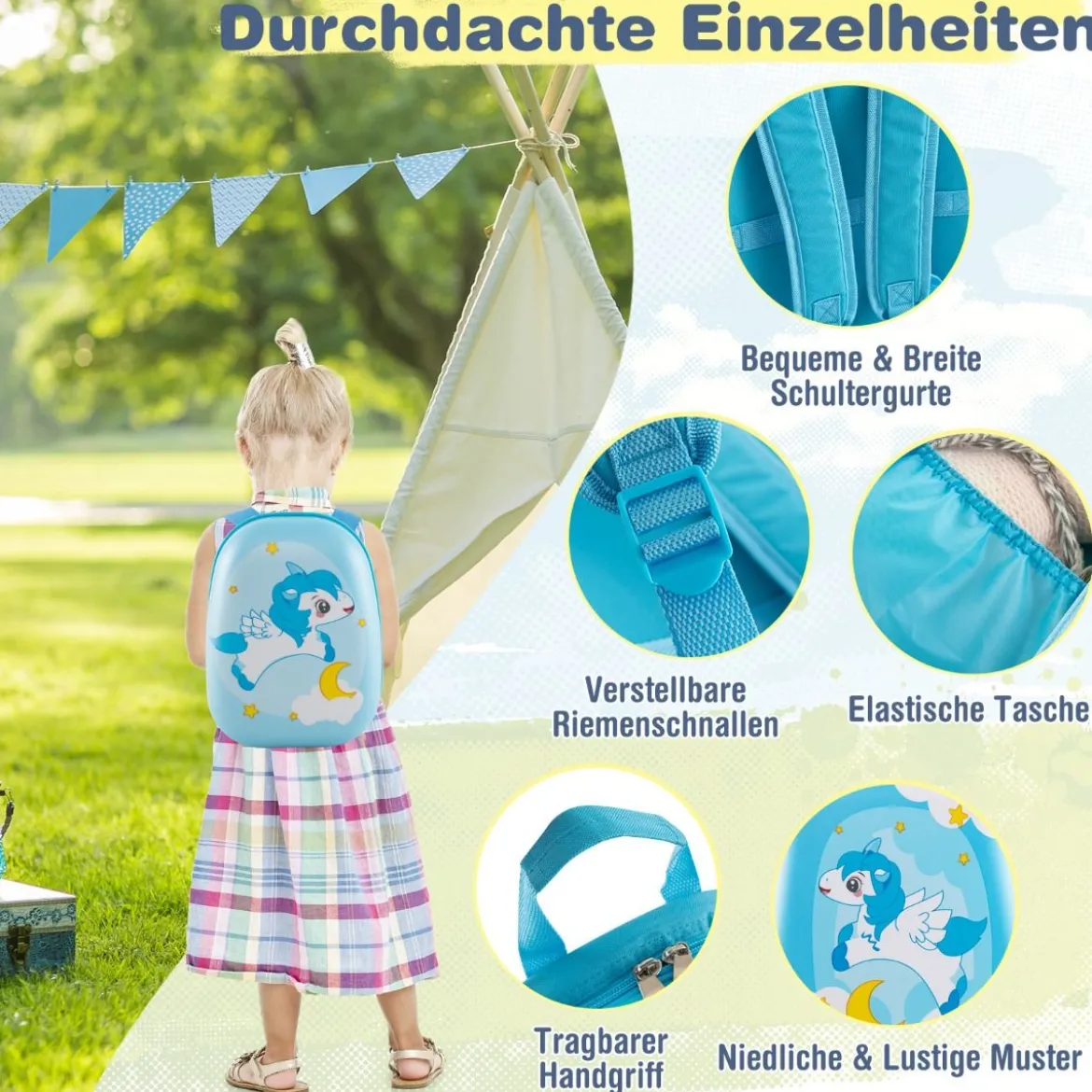 2tlg Kinderkoffer + Rucksack aus Kunststoff Kindertrolley Kindergepäck 12"+16" Blau Einhorn