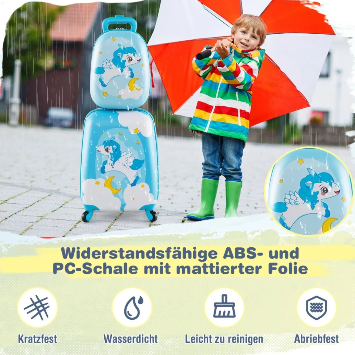 2tlg Kinderkoffer + Rucksack aus Kunststoff Kindertrolley Kindergepäck 12"+16" Blau Einhorn