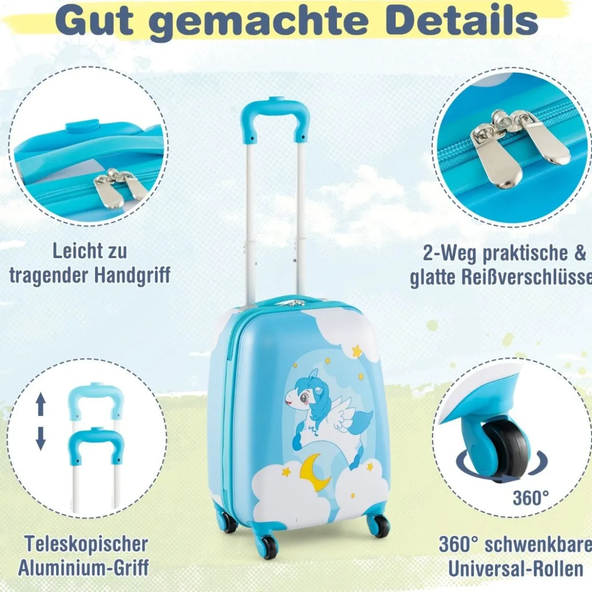 2tlg Kinderkoffer + Rucksack aus Kunststoff Kindertrolley Kindergepäck 12"+16" Blau Einhorn
