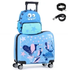 2tlg Kinderkoffer + Rucksack 12"+18" Kindertrolley mit Rollen & Wasserdichter Hartschale Blau (Dinosaurier)