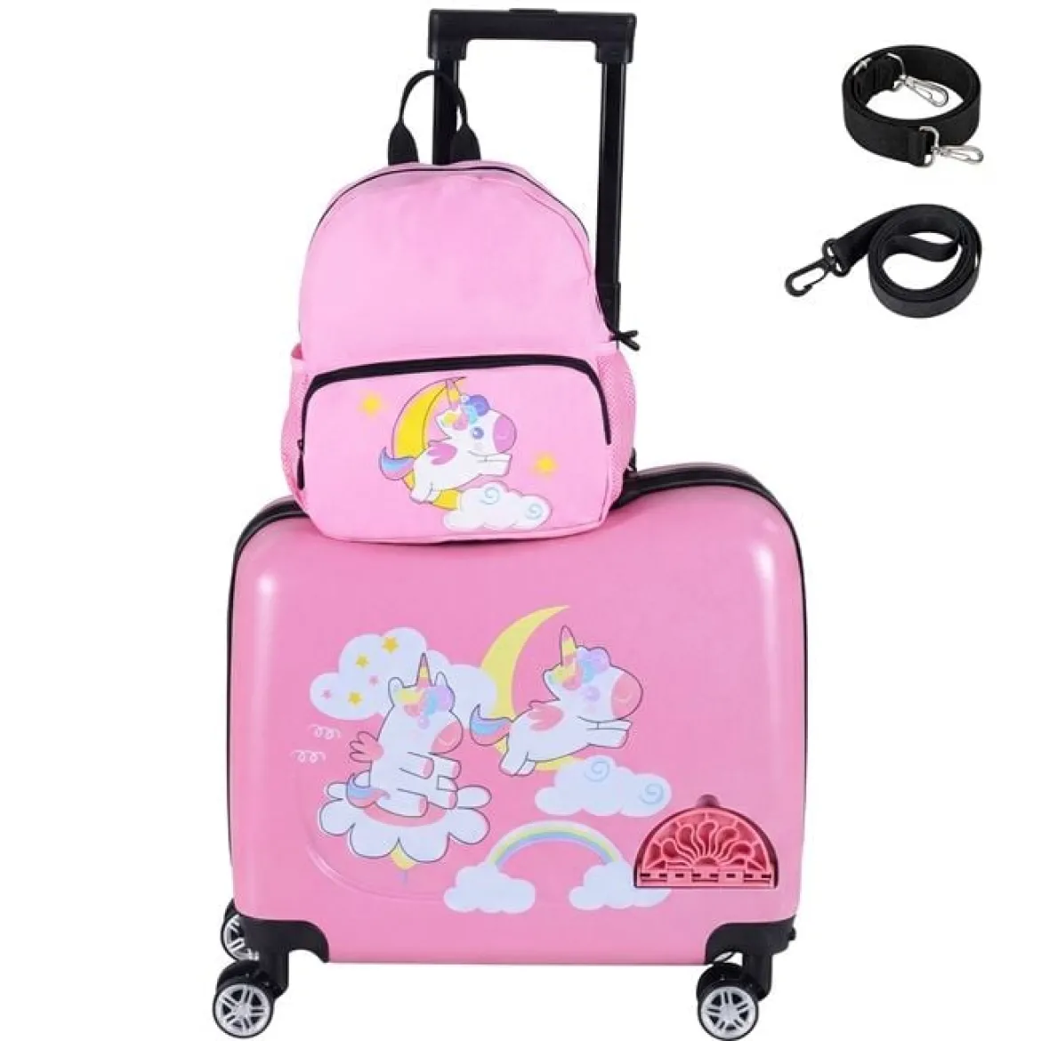 2tlg Kinderkoffer + Rucksack 12"+18" Kindertrolley mit Rollen Rosa (Einhorn)