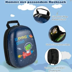 2 tlg Kinderkoffer + Rucksack Kindertrolley aus Kunststoff Kinder Kofferset Weltraum-Dinosaurier
