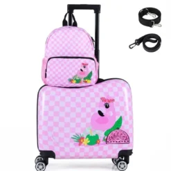 2tlg Kinderkoffer + Rucksack 12"+18" Kindertrolley mit Rollen & wasserdichter Hartschale Rosa (Flamingo)