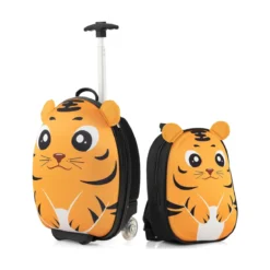 2 TLG Kinderkoffer & Rucksack mit Rollen & 3 stufigem Teleskopgriff 12”+16” Kindertrolley Tiger