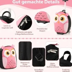 2 TLG Kinderkoffer & Rucksack mit Rollen & 3 stufigem Teleskopgriff 12”+16” Kindertrolley Eule