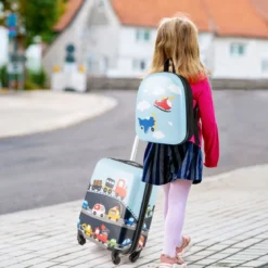 2tlg Kinderkoffer Set Kindergepäck mit Rädern 17" Handgepäck & 13" Hartschalen-Rucksack Blau Verkehrsmittel