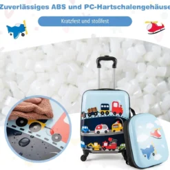 2tlg Kinderkoffer Set Kindergepäck mit Rädern 17" Handgepäck & 13" Hartschalen-Rucksack Blau Verkehrsmittel