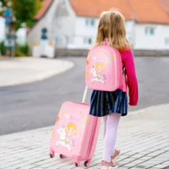 2tlg Kinderkoffer Set Kindergepäck mit Rädern 17" Handgepäck & 13" Hartschalen-Rucksack Rosa Einhörner