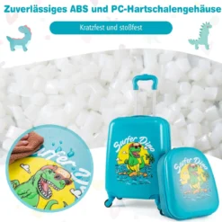 2tlg Kinderkoffer Set Kindergepäck mit Rädern 17" Handgepäck & 13" Hartschalen-Rucksack Dinosaurier Blau