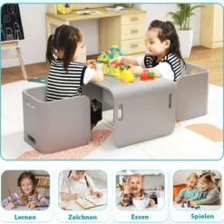 3 tlg. Kindertisch Stühle Set Kindersitzgrupppe Holz Kindermöbel Lerntisch Natur/Grau
