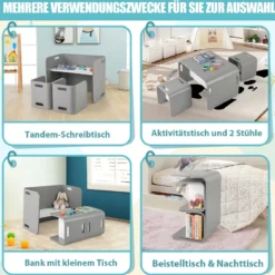 3 tlg. Kindertisch Stühle Set Kindersitzgrupppe Holz Kindermöbel Lerntisch Natur/Grau