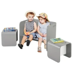 3 tlg. Kindertisch Stühle Set Kindersitzgrupppe Holz Kindermöbel Lerntisch Natur/Grau