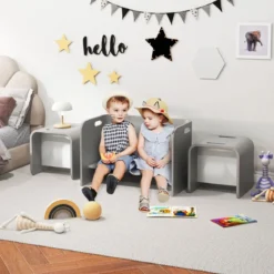 3 tlg. Kindertisch Stühle Set Kindersitzgrupppe Holz Kindermöbel Lerntisch Natur/Grau