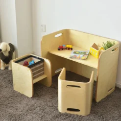 3 tlg. Kindertisch Stühle Set Kindersitzgrupppe Holz Kindermöbel Lerntisch Natur/Grau