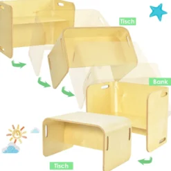 3 tlg. Kindertisch Stühle Set Kindersitzgrupppe Holz Kindermöbel Lerntisch Natur/Grau