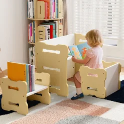 3 TLG. Kinder Tisch- & Stuhlset mit 2 Hockern & Aktivitätentisch Abgerundete Ecken Design Natur