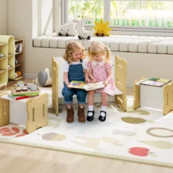 3 TLG. Kinder Tisch- & Stuhlset mit 2 Hockern & Aktivitätentisch Abgerundete Ecken Design Natur