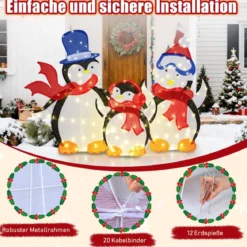 3 tlg. LED Pinguin Familie mit 160 Warmweißen LED-Lichtern & Schals Beleuchtete Weihnachtsdeko