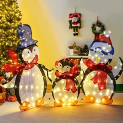 3 tlg. LED Pinguin Familie mit 160 Warmweißen LED-Lichtern & Schals Beleuchtete Weihnachtsdeko