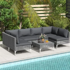 7-TLG Lounge Möbel Outdoor Rattan Gartenlounge mit Tisch und Kissen Sitzgruppe für Garten Terrasse Balkon