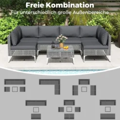 7-TLG Lounge Möbel Outdoor Rattan Gartenlounge mit Tisch und Kissen Sitzgruppe für Garten Terrasse Balkon